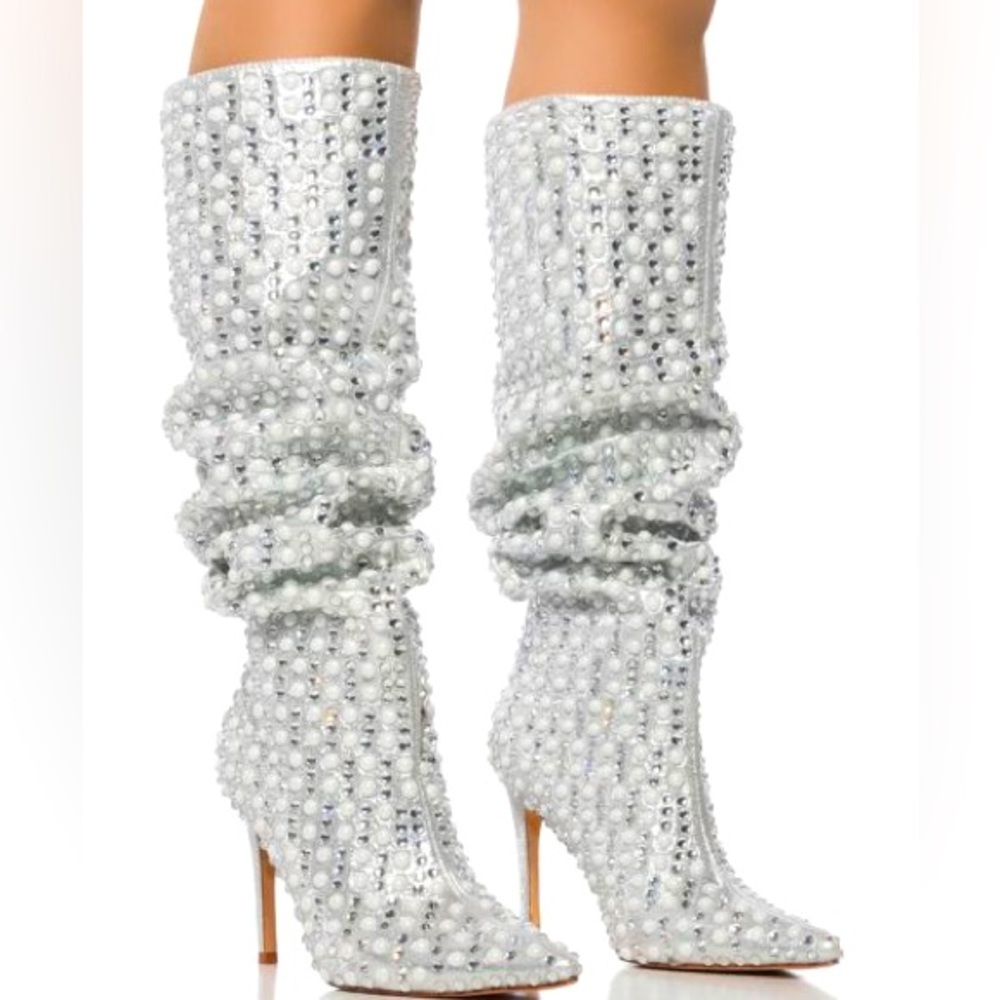 Azalea Wang Silver Pearl Rhinestone Embellished Knee High Boots